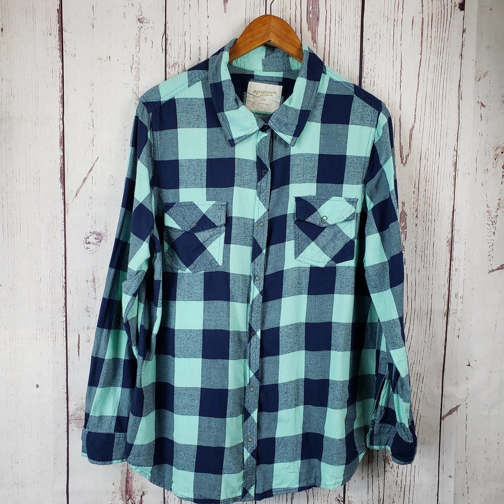 Arizona Jean Co. Button Down Shirt Juniors Size XXL Checkered Long Sleeve Blue - Picture 2 of 8